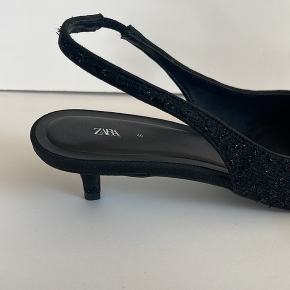 Zara Beautiful Black Tweed Size Euro 40 Slingback Low Heels - Picture 9 of 10